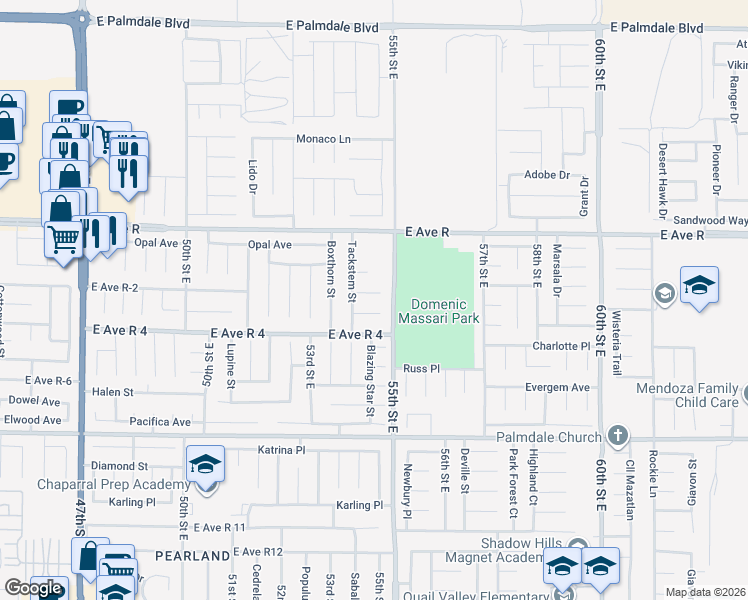 map of restaurants, bars, coffee shops, grocery stores, and more near 5372 Lakewood Court in Palmdale