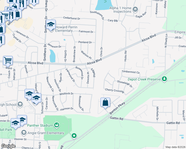 map of restaurants, bars, coffee shops, grocery stores, and more near 906 Edgehill in Benton