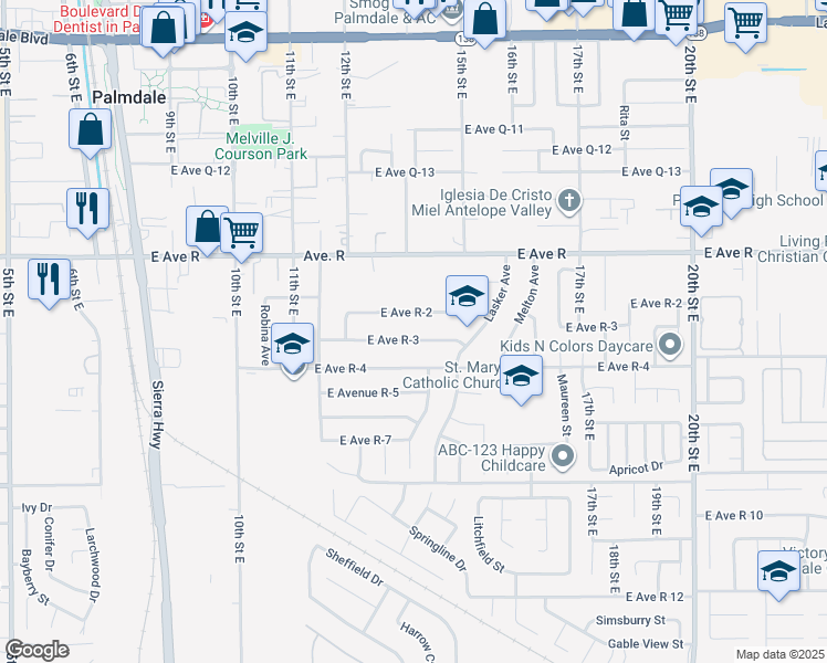 map of restaurants, bars, coffee shops, grocery stores, and more near 1317 East Avenue R-3 in Palmdale