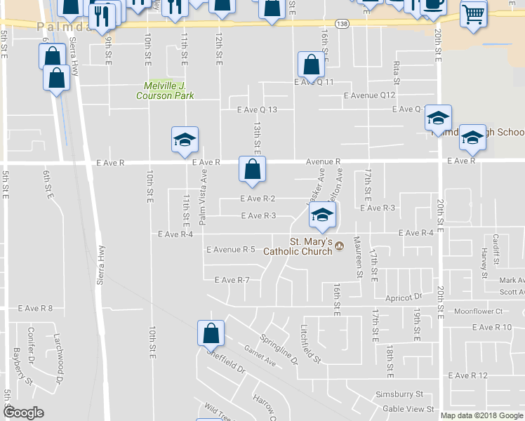 map of restaurants, bars, coffee shops, grocery stores, and more near 1317 East Avenue R-3 in Palmdale