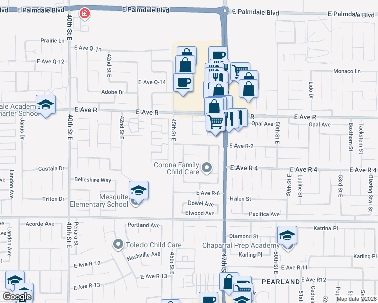 map of restaurants, bars, coffee shops, grocery stores, and more near 4532 Wrightwood Way in Palmdale