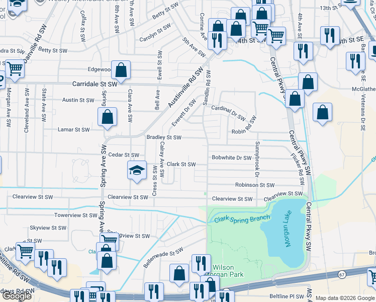 map of restaurants, bars, coffee shops, grocery stores, and more near 415 Bradley Street Southwest in Decatur