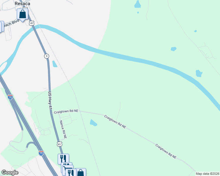 map of restaurants, bars, coffee shops, grocery stores, and more near 1303-1451 Craigtown Road Northeast in Calhoun