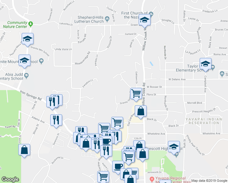 map of restaurants, bars, coffee shops, grocery stores, and more near 1680 Morning Stone Drive in Prescott