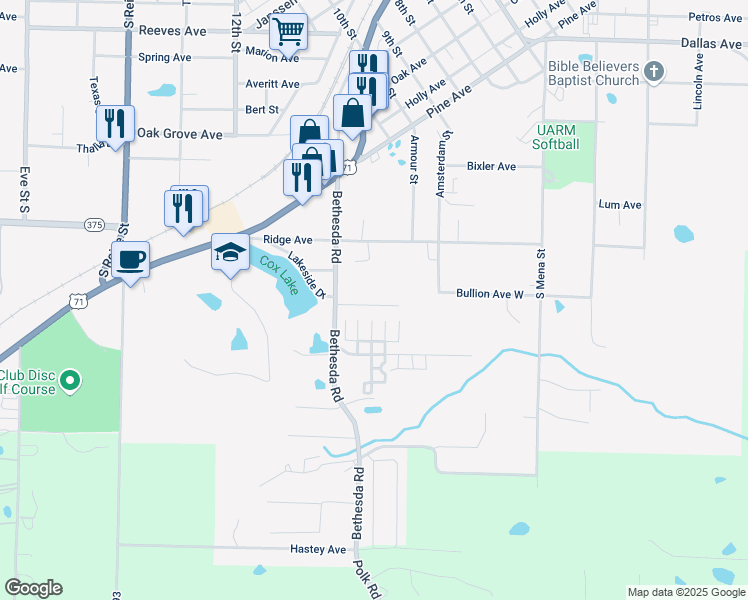 map of restaurants, bars, coffee shops, grocery stores, and more near 709 Meadowbrook Drive in Mena