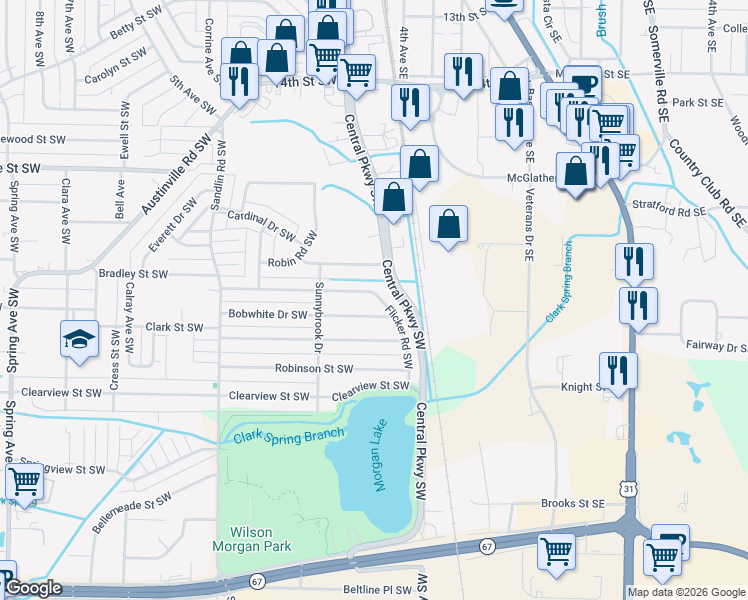 map of restaurants, bars, coffee shops, grocery stores, and more near 205 Larkwood Drive Southwest in Decatur