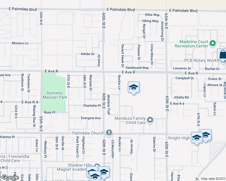 map of restaurants, bars, coffee shops, grocery stores, and more near 6036 Barcelona Drive in Palmdale