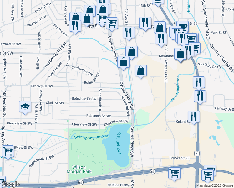 map of restaurants, bars, coffee shops, grocery stores, and more near 205 Larkwood Drive Southwest in Decatur