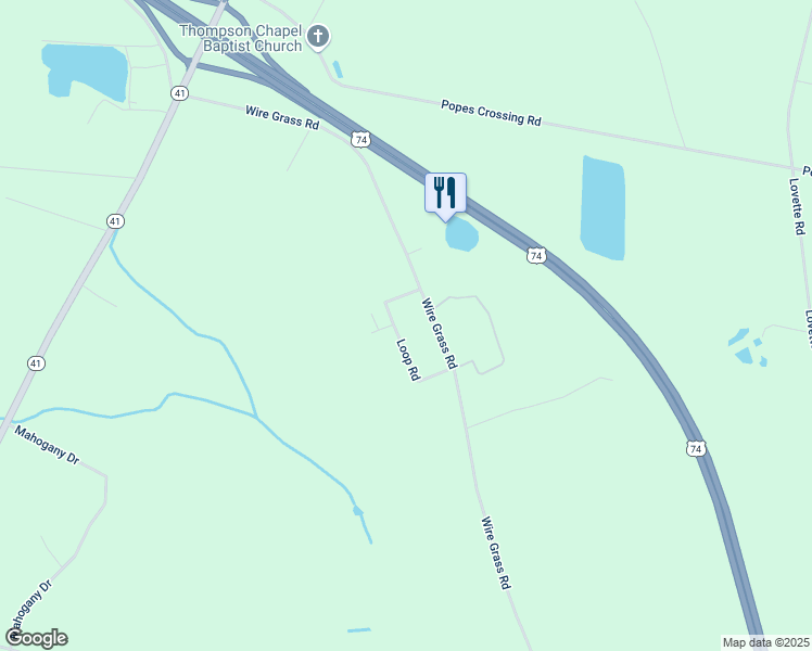 map of restaurants, bars, coffee shops, grocery stores, and more near Loop Road in Lumberton