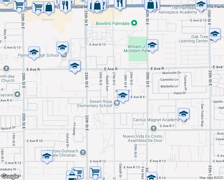 map of restaurants, bars, coffee shops, grocery stores, and more near 37829 27th Street East in Palmdale