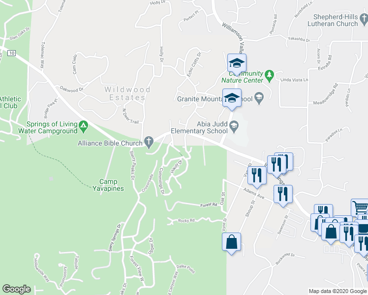 map of restaurants, bars, coffee shops, grocery stores, and more near A Lane in Prescott