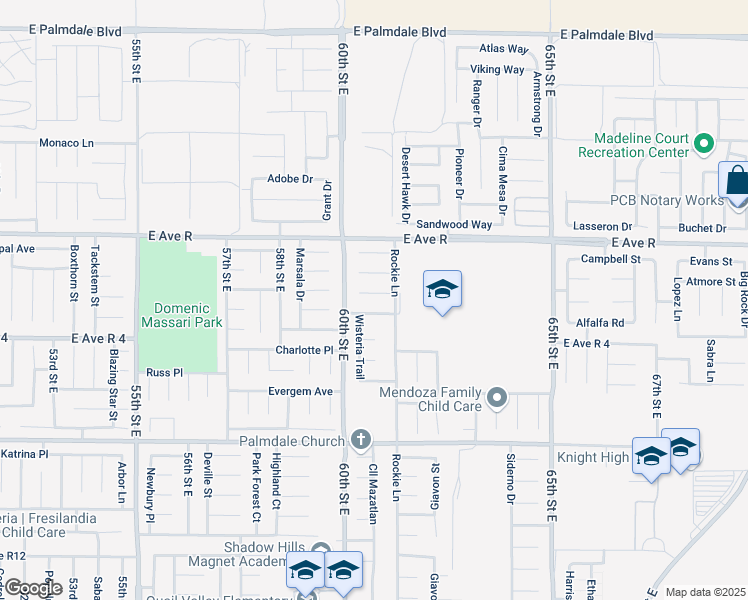 map of restaurants, bars, coffee shops, grocery stores, and more near 6036 Barcelona Drive in Palmdale