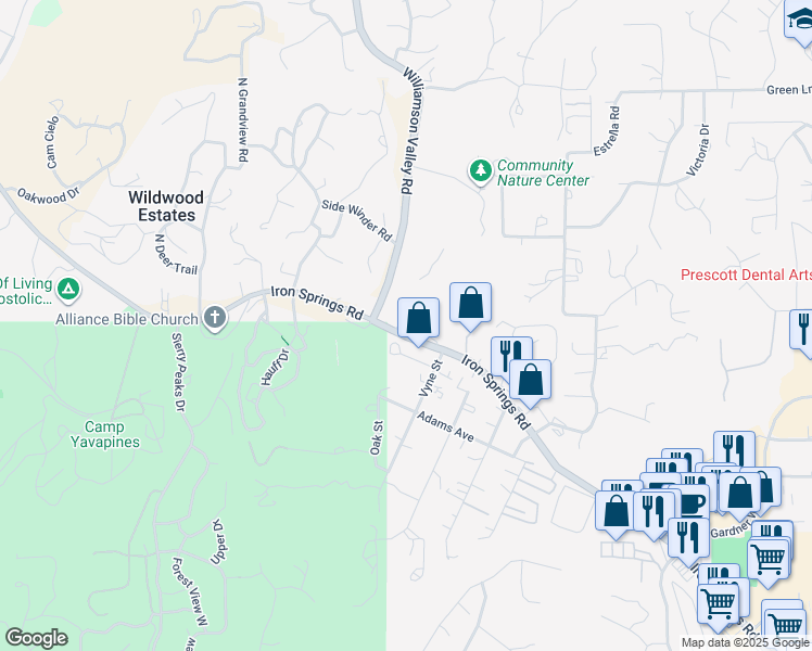 map of restaurants, bars, coffee shops, grocery stores, and more near 1680 Iron Springs Rd in Prescott