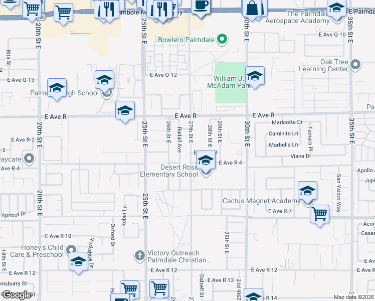 map of restaurants, bars, coffee shops, grocery stores, and more near 37829 27th Street East in Palmdale