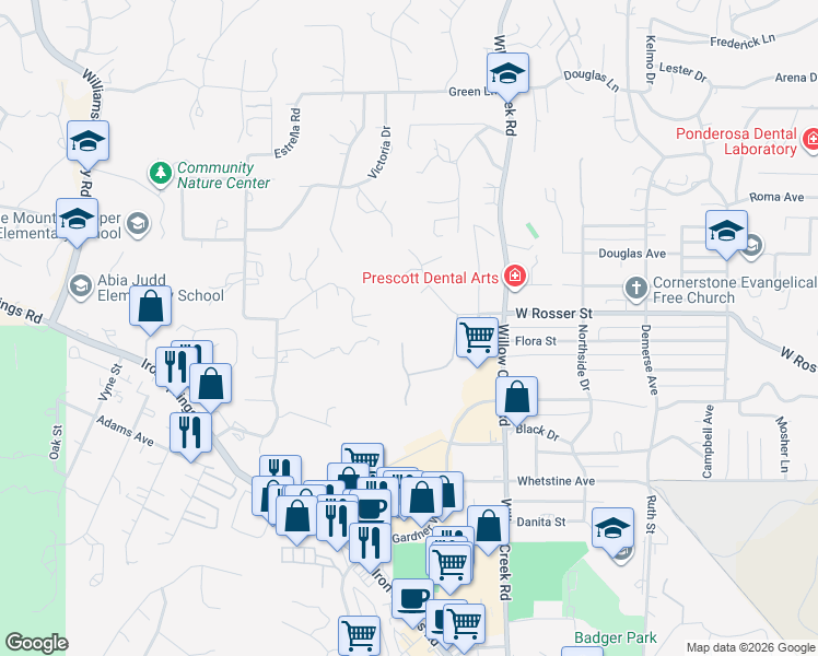 map of restaurants, bars, coffee shops, grocery stores, and more near 1680 Morning Stone Drive in Prescott