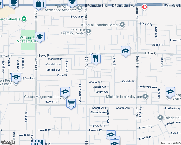 map of restaurants, bars, coffee shops, grocery stores, and more near 3524 East Avenue R in Palmdale