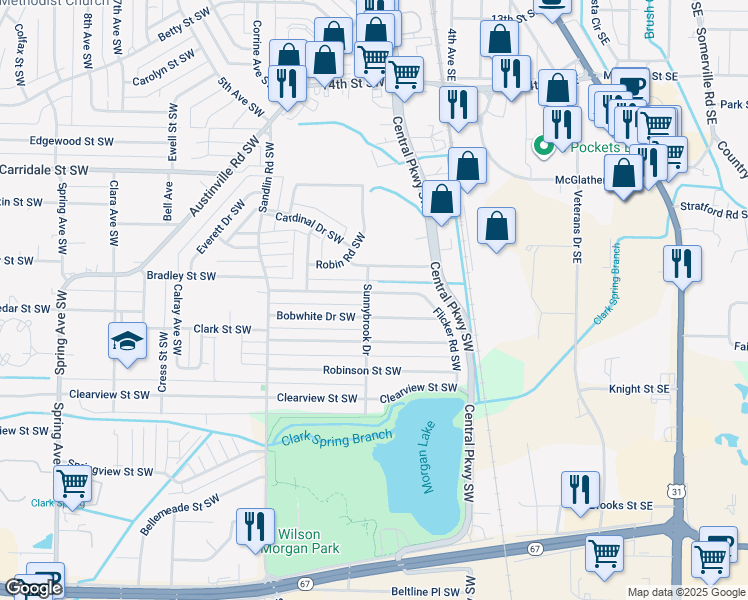 map of restaurants, bars, coffee shops, grocery stores, and more near 223 Larkwood Drive Southwest in Decatur