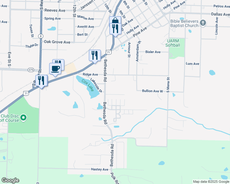 map of restaurants, bars, coffee shops, grocery stores, and more near 709 Meadowbrook Drive in Mena
