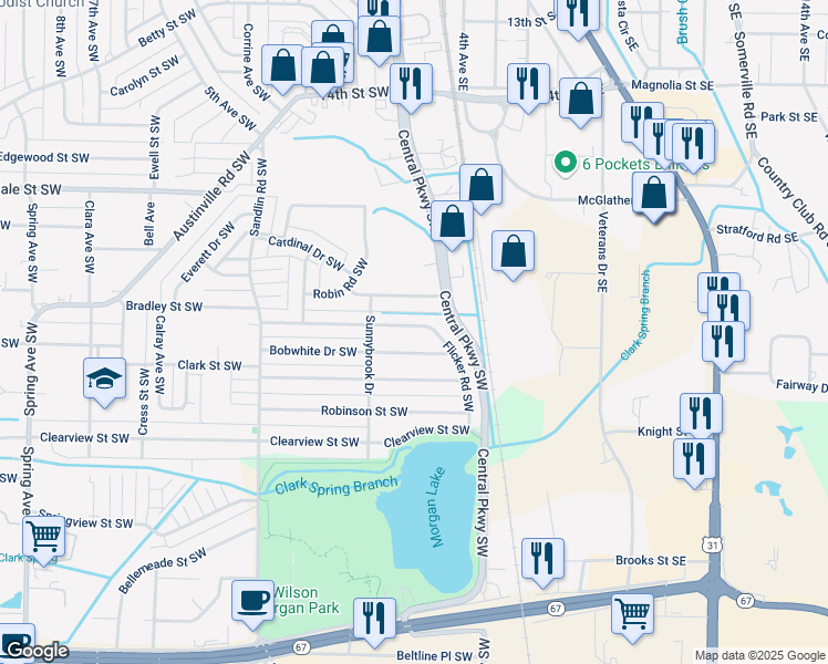 map of restaurants, bars, coffee shops, grocery stores, and more near 205 Larkwood Drive Southwest in Decatur