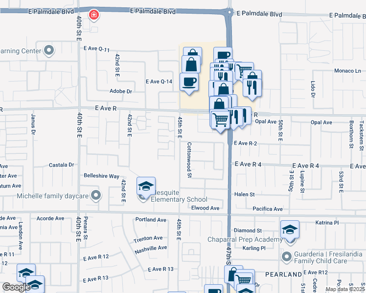 map of restaurants, bars, coffee shops, grocery stores, and more near 37840 45th Street East in Palmdale