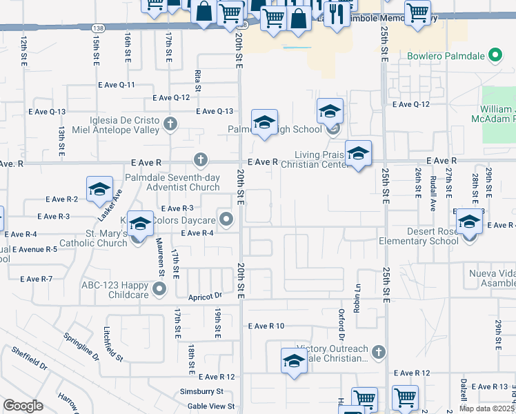 map of restaurants, bars, coffee shops, grocery stores, and more near 37850 20th Street East in Palmdale