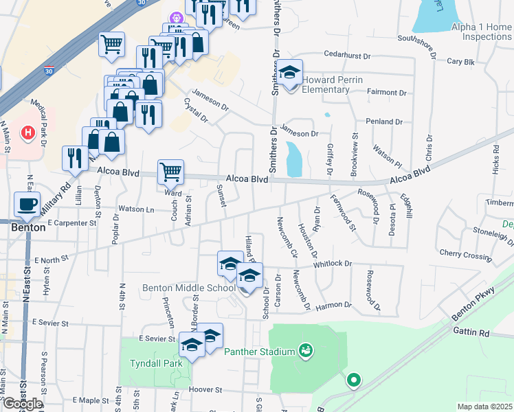 map of restaurants, bars, coffee shops, grocery stores, and more near 701 North Hester Drive in Benton