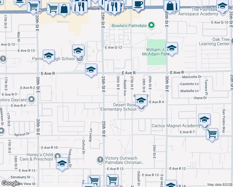 map of restaurants, bars, coffee shops, grocery stores, and more near 2549 East Avenue R-3 in Palmdale