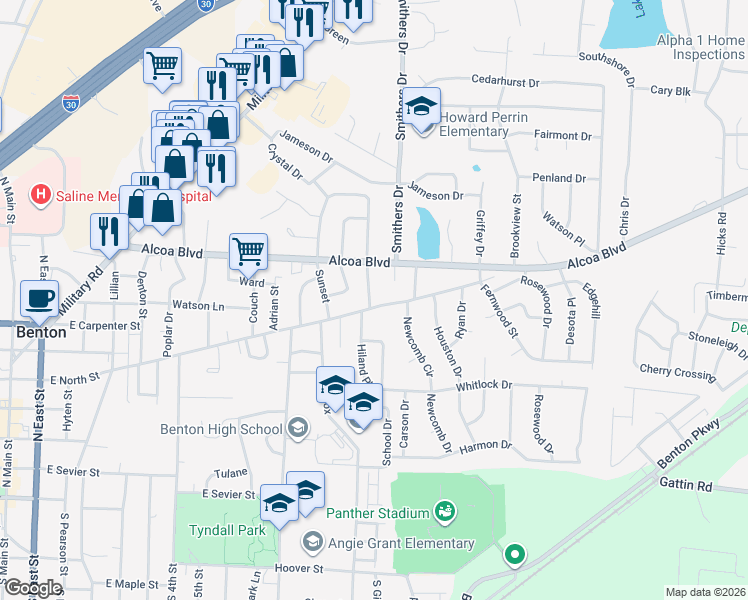 map of restaurants, bars, coffee shops, grocery stores, and more near 701 North Hester Drive in Benton