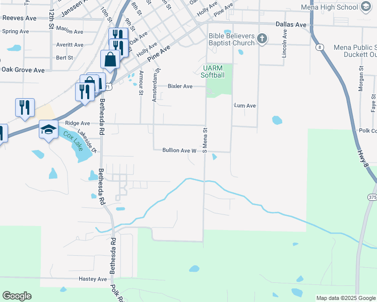 map of restaurants, bars, coffee shops, grocery stores, and more near 290 Bullion Avenue West in Mena