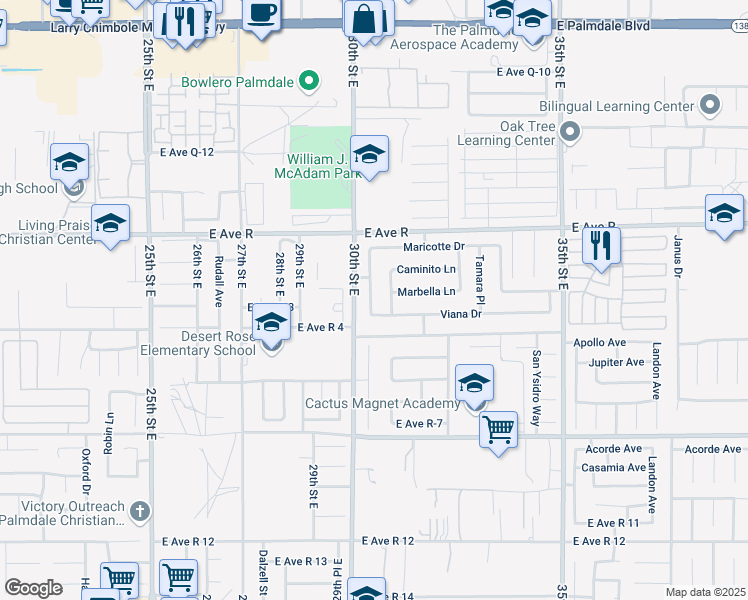 map of restaurants, bars, coffee shops, grocery stores, and more near 37837 San Carlos Way in Palmdale