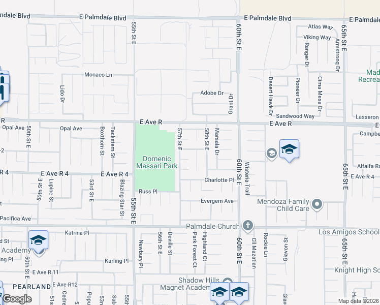 map of restaurants, bars, coffee shops, grocery stores, and more near 5726 Barcelona Drive in Palmdale