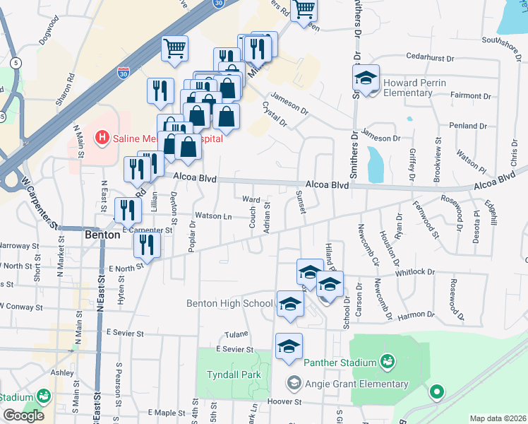 map of restaurants, bars, coffee shops, grocery stores, and more near 810 Adrian Street in Benton