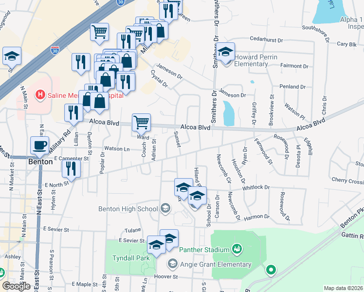 map of restaurants, bars, coffee shops, grocery stores, and more near 701 Oakwood in Benton