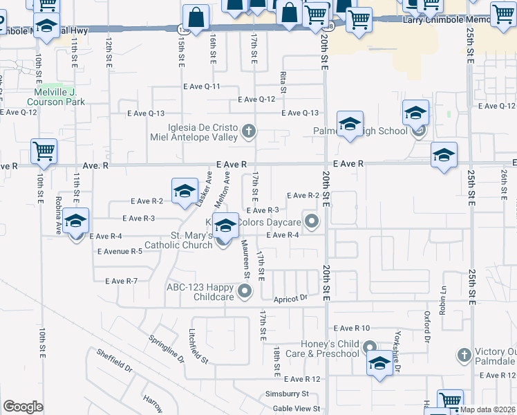 map of restaurants, bars, coffee shops, grocery stores, and more near 1711 East Avenue R-3 in Palmdale