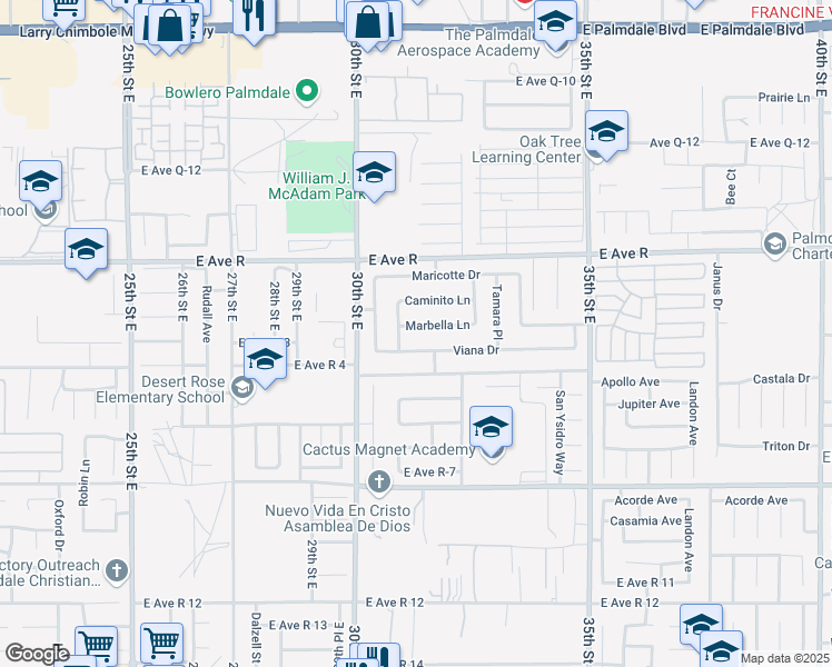 map of restaurants, bars, coffee shops, grocery stores, and more near 3064 Marbella Lane in Palmdale
