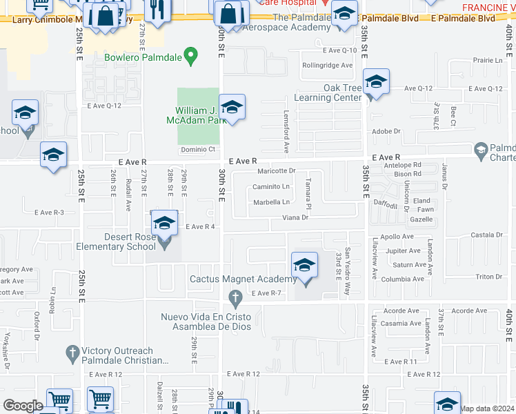 map of restaurants, bars, coffee shops, grocery stores, and more near 3064 Marbella Lane in Palmdale