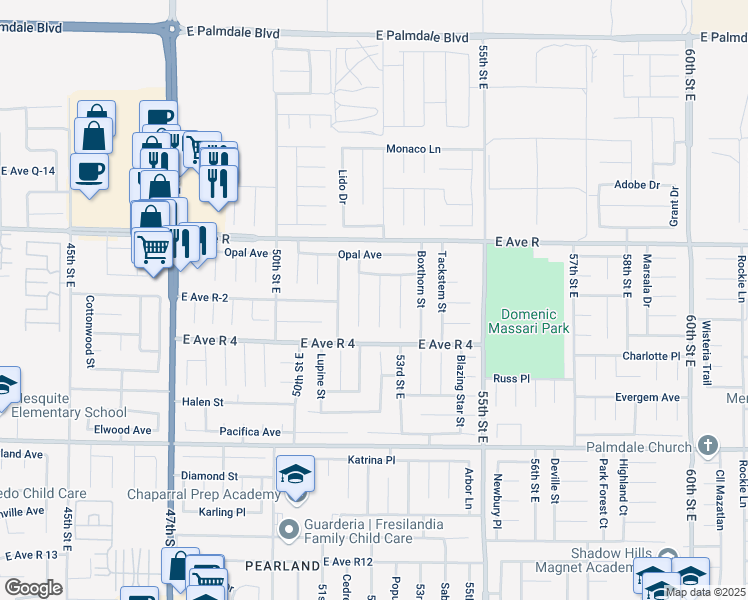 map of restaurants, bars, coffee shops, grocery stores, and more near 37849 52nd Street East in Palmdale