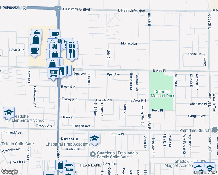 map of restaurants, bars, coffee shops, grocery stores, and more near 37850 Smoke Tree Street in Palmdale