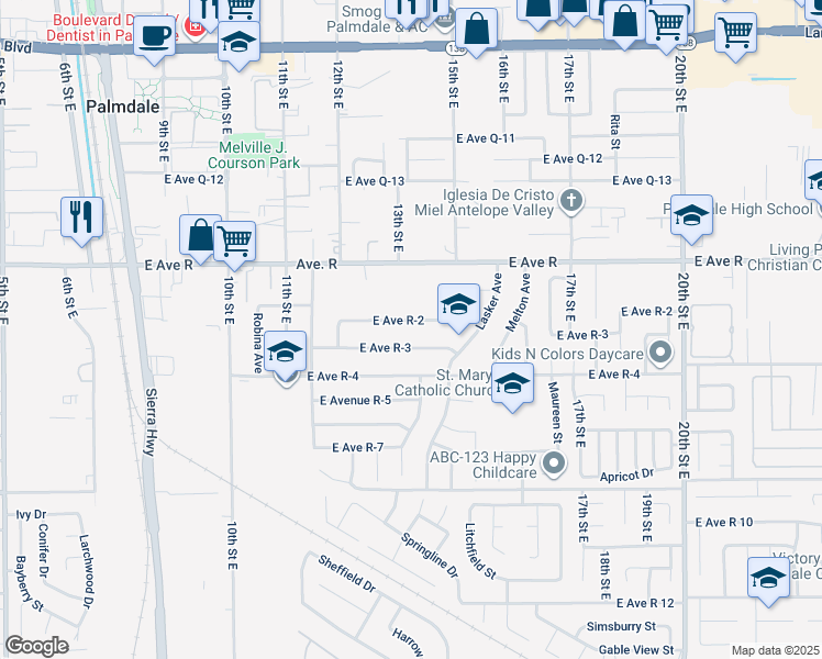 map of restaurants, bars, coffee shops, grocery stores, and more near 1320 East Avenue R-2 in Palmdale