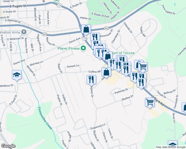 map of restaurants, bars, coffee shops, grocery stores, and more near 22 Stephen Circle in Toccoa