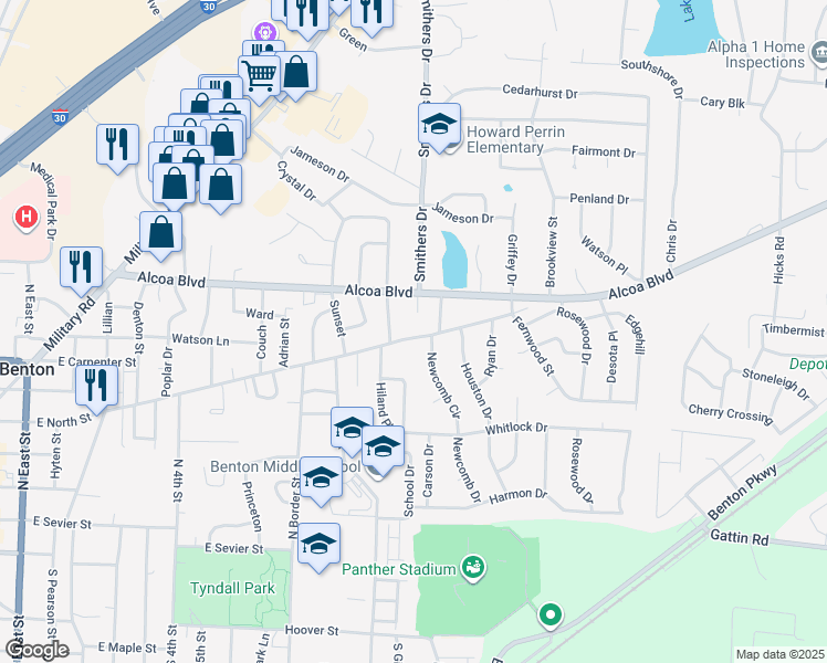 map of restaurants, bars, coffee shops, grocery stores, and more near 701 North Hester Drive in Benton