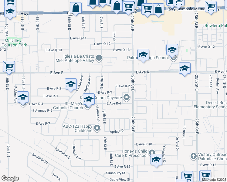 map of restaurants, bars, coffee shops, grocery stores, and more near 1745 East Avenue R-3 in Palmdale