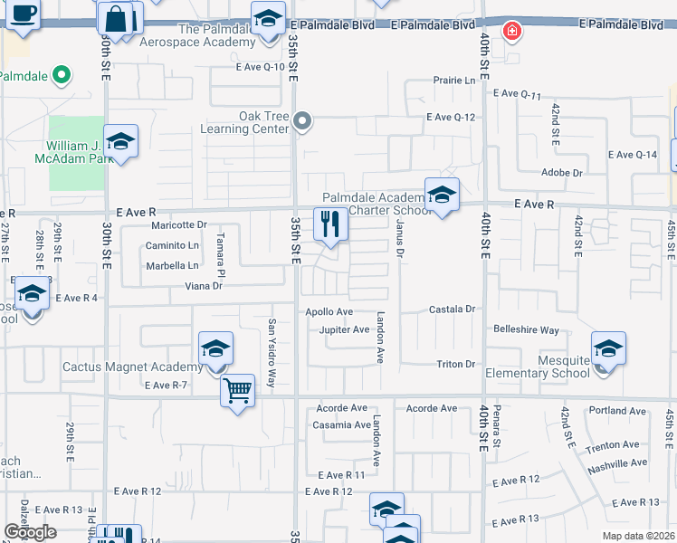 map of restaurants, bars, coffee shops, grocery stores, and more near 3524 East Avenue R in Palmdale