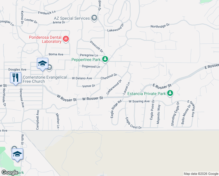 map of restaurants, bars, coffee shops, grocery stores, and more near 1646 Cedarwood Drive in Prescott