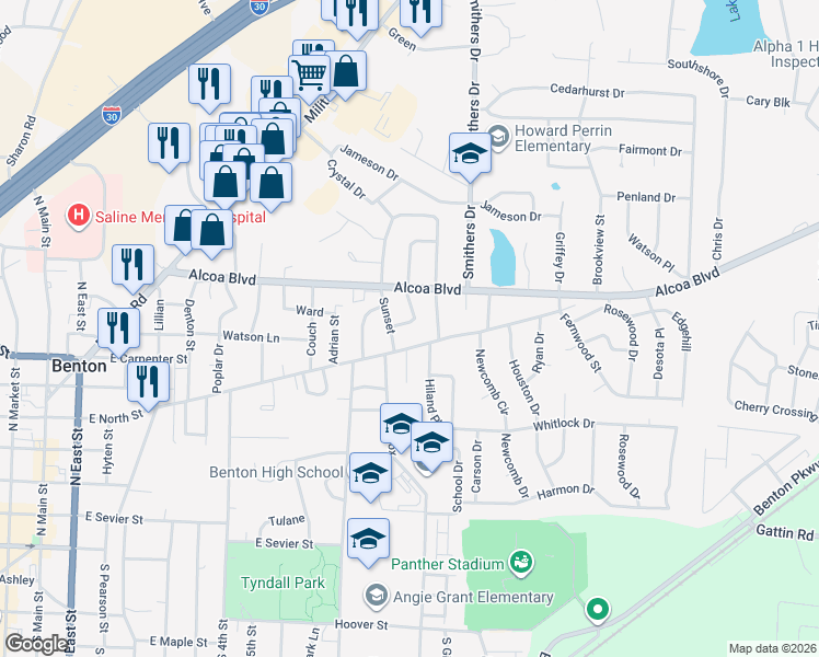 map of restaurants, bars, coffee shops, grocery stores, and more near 701 Oakwood in Benton