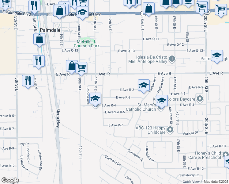 map of restaurants, bars, coffee shops, grocery stores, and more near East Avenue R-2 in Sun Village