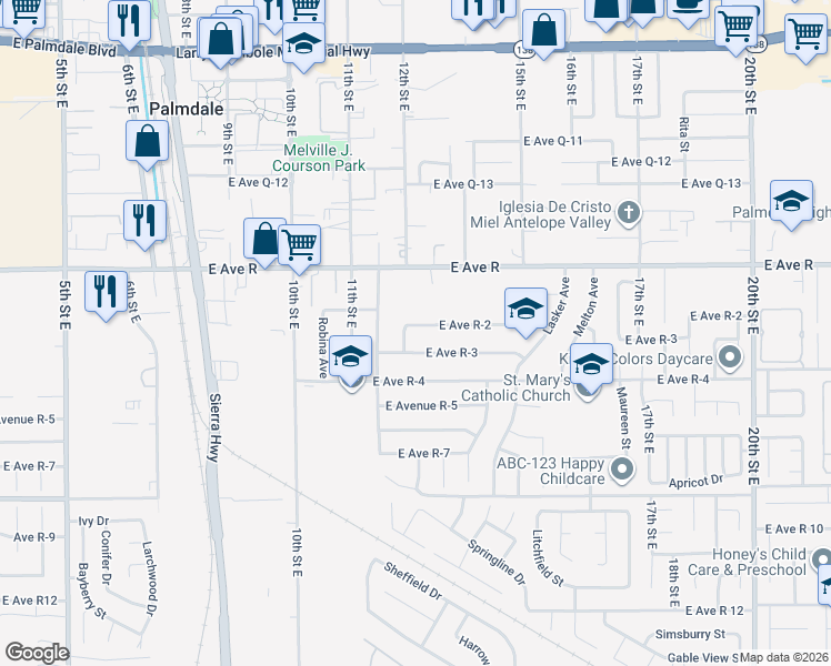 map of restaurants, bars, coffee shops, grocery stores, and more near 1208 East Avenue R-2 in Palmdale