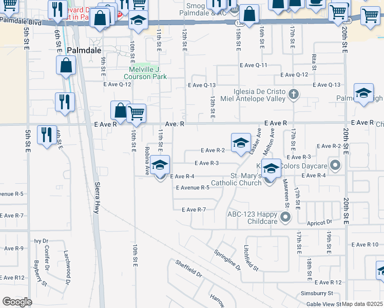 map of restaurants, bars, coffee shops, grocery stores, and more near East Avenue R-2 in Sun Village