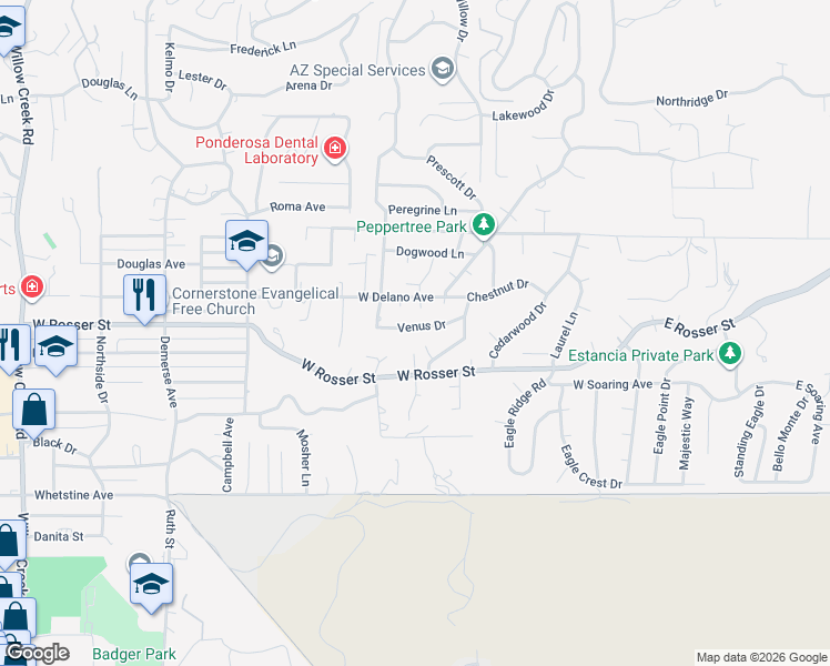 map of restaurants, bars, coffee shops, grocery stores, and more near 377 Venus Drive in Prescott