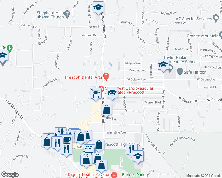 map of restaurants, bars, coffee shops, grocery stores, and more near 821 West Rosser Street in Prescott